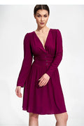 Robe de jour élégante évasée genou manches longues décolleté bateau ceinture boutons sans doublure polyester élasthanne femme