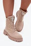 bottines rangers femme montantes suédine beige nude semelle plateforme crantée épaisse bout rond laçage œillets dorés bijou cœur strass zippée