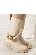 Bottes Solea femmes élégantes beige cuir synthétique design moderne boucle dorée talon épais automne hiver