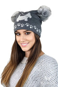 Bonnet d'hiver pour femme tricoté motif chien empreintes pattes pompons gris anthracite laine acrylique fausse fourrure beanie mode casual ludique