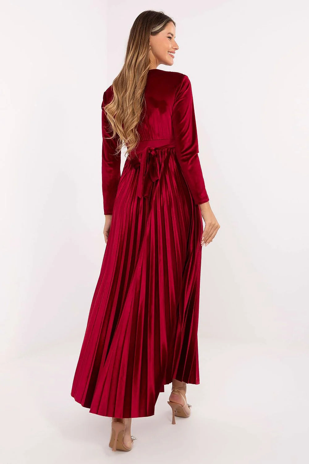 robe longue maxi bordeaux velours soirée élégante cachecoeur manches longues taille empire bande souspoitrine jupe plissée fluide paillettes bonnets rembourrés
