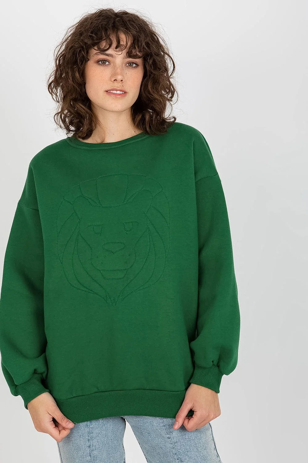 sweatshirt oversize femme col rond molletonné vert sapin ample épaules tombantes bords côtes poignets ourlet manches longues bouffantes broderie poitrine
