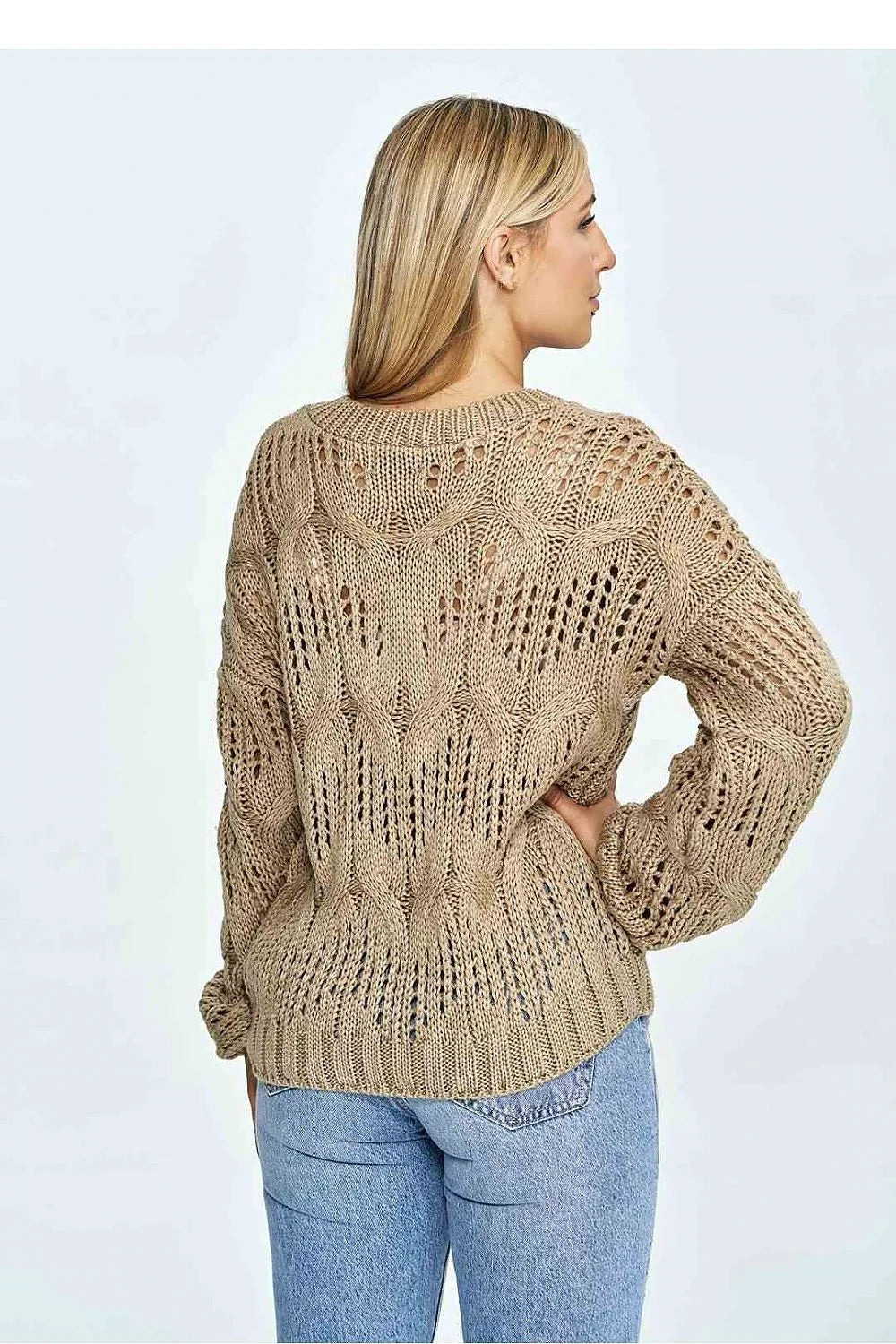 pull maille femme col V manches longues oversize torsades ajouré beige camel moelleux côtelé acrylique polyvalent