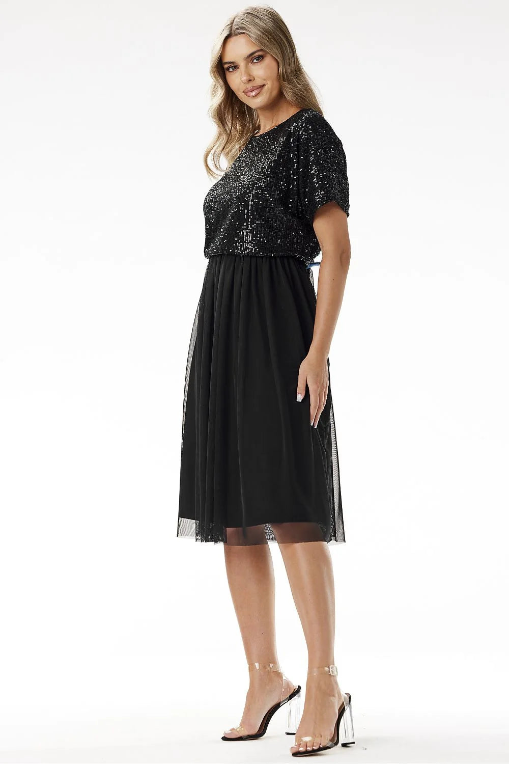 Robe de soirée élégante Awama midi sequins tulle noire occasion spéciale carnaval réveillon mariage femme