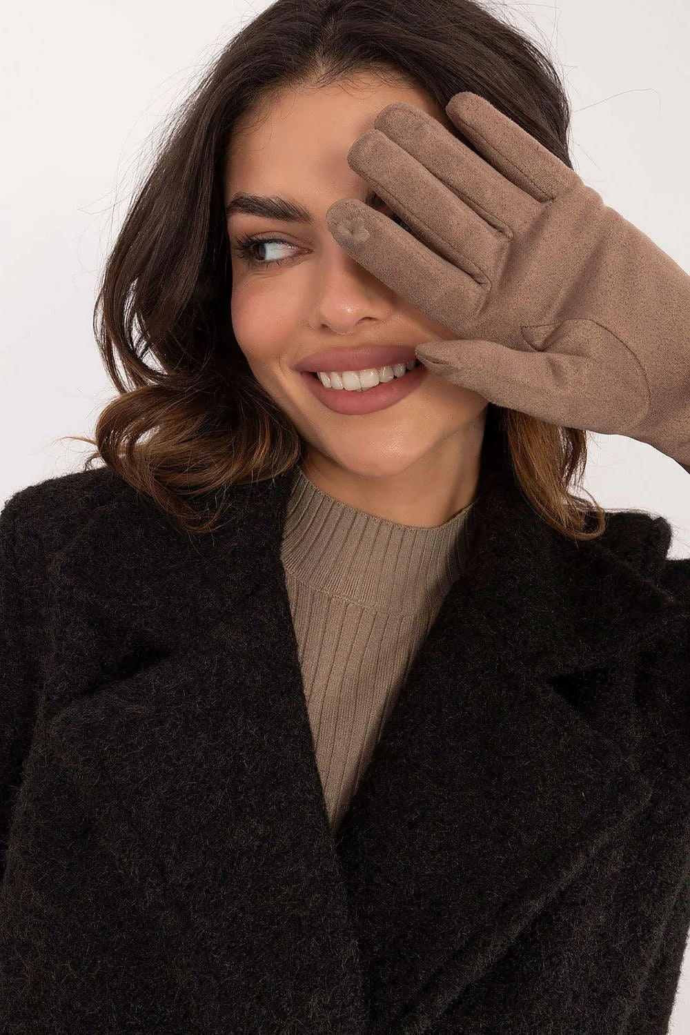 Gants élégants pour femmes en cuir écologique, matériau isolant, fleur brodée, couleur taupe, manchons ajustables, style intemporel