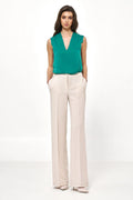 Pantalon femme beige ample coupe haute taille ajustable élasthanne polyester manches longues style élégant