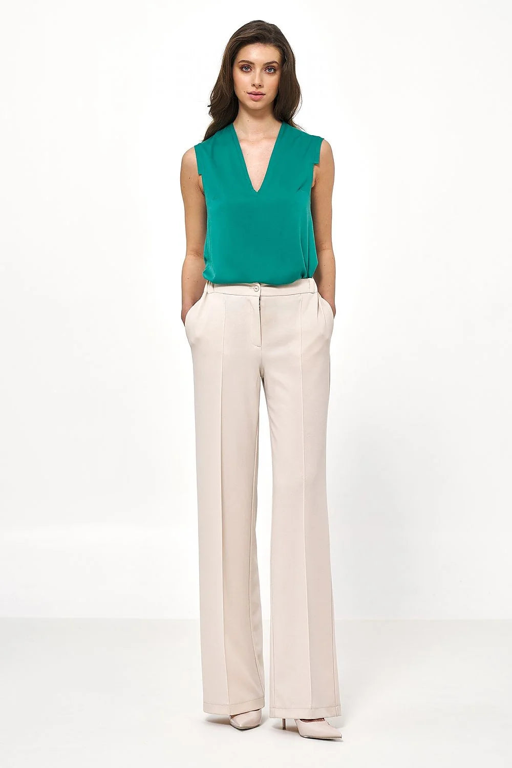 Pantalon femme beige ample coupe haute taille ajustable élasthanne polyester manches longues style élégant