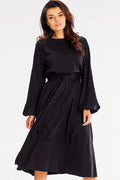 Robe élégante pour femme en viscose noire ample manches longues ceinture intégrée taille ajustable