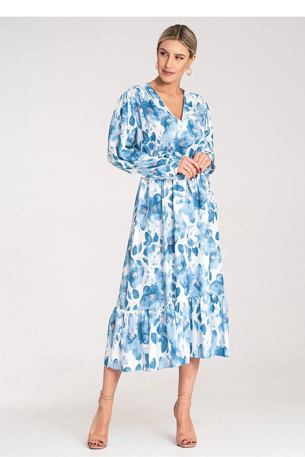 Robe de jour Figl, robe maxi en polyester, décolleté en V, manches longues, motif floral bleu, taille ajustable, femme, S/M