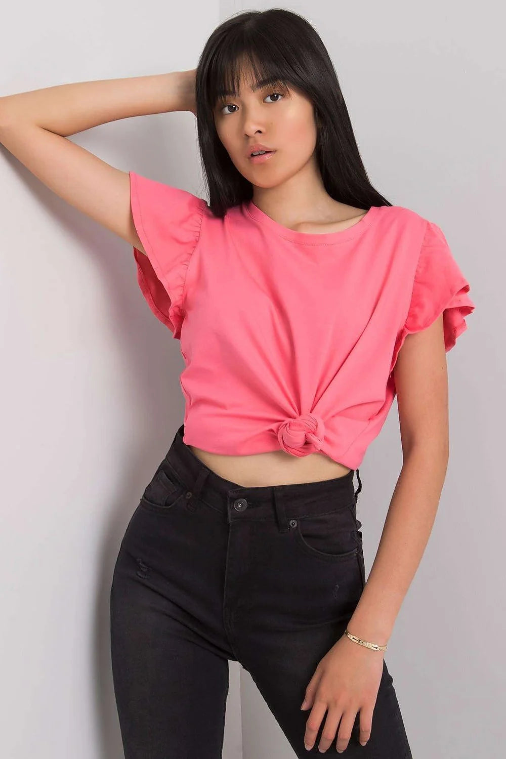 chemisier femme crop noué devant fuchsia manches courtes volants encolure ronde coton lycra stretch cintré taille haute léger respirant