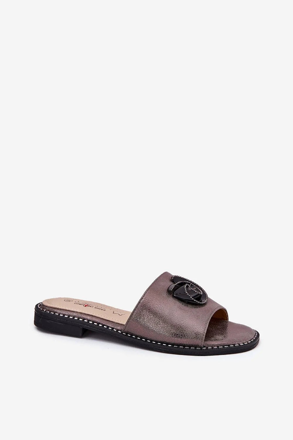 Sandales femmes S.Barski ouvertes talon plat métallisé gris-brun détails noirs cuir synthétique semelle cuir naturel 2cm style élégant été confort