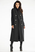Manteau long pour femme élégant classique double boutonnage laine noire épaules structurées poches latérales