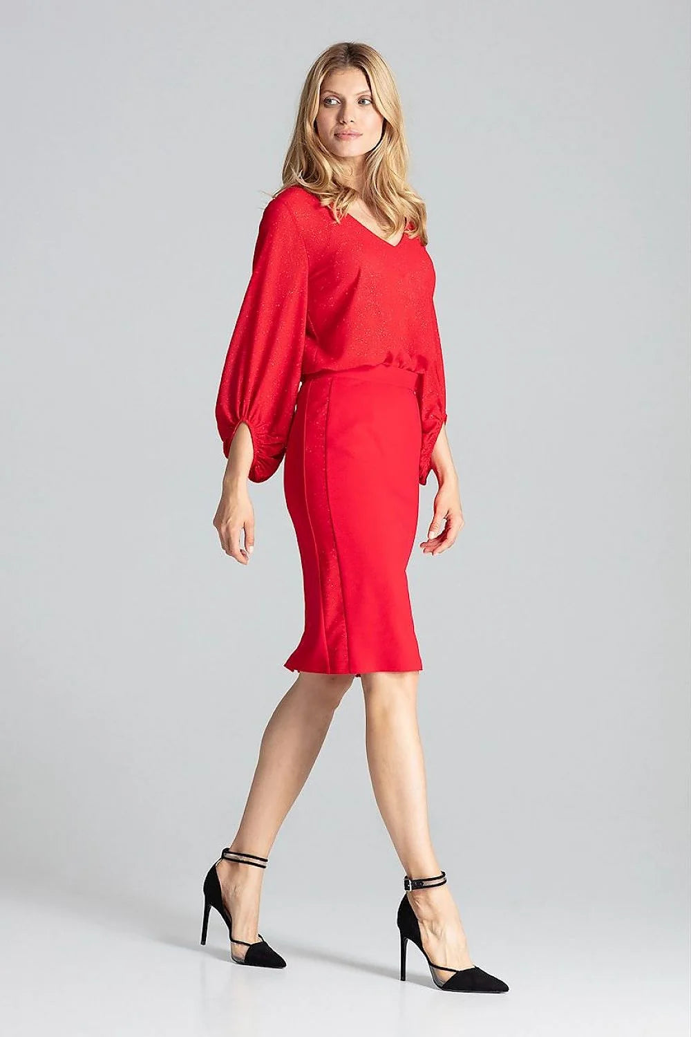 robe deux pièces rouge vif midi crayon taille blousante encolure V manches longues bouffantes fente dos fluide polyester élasthanne
