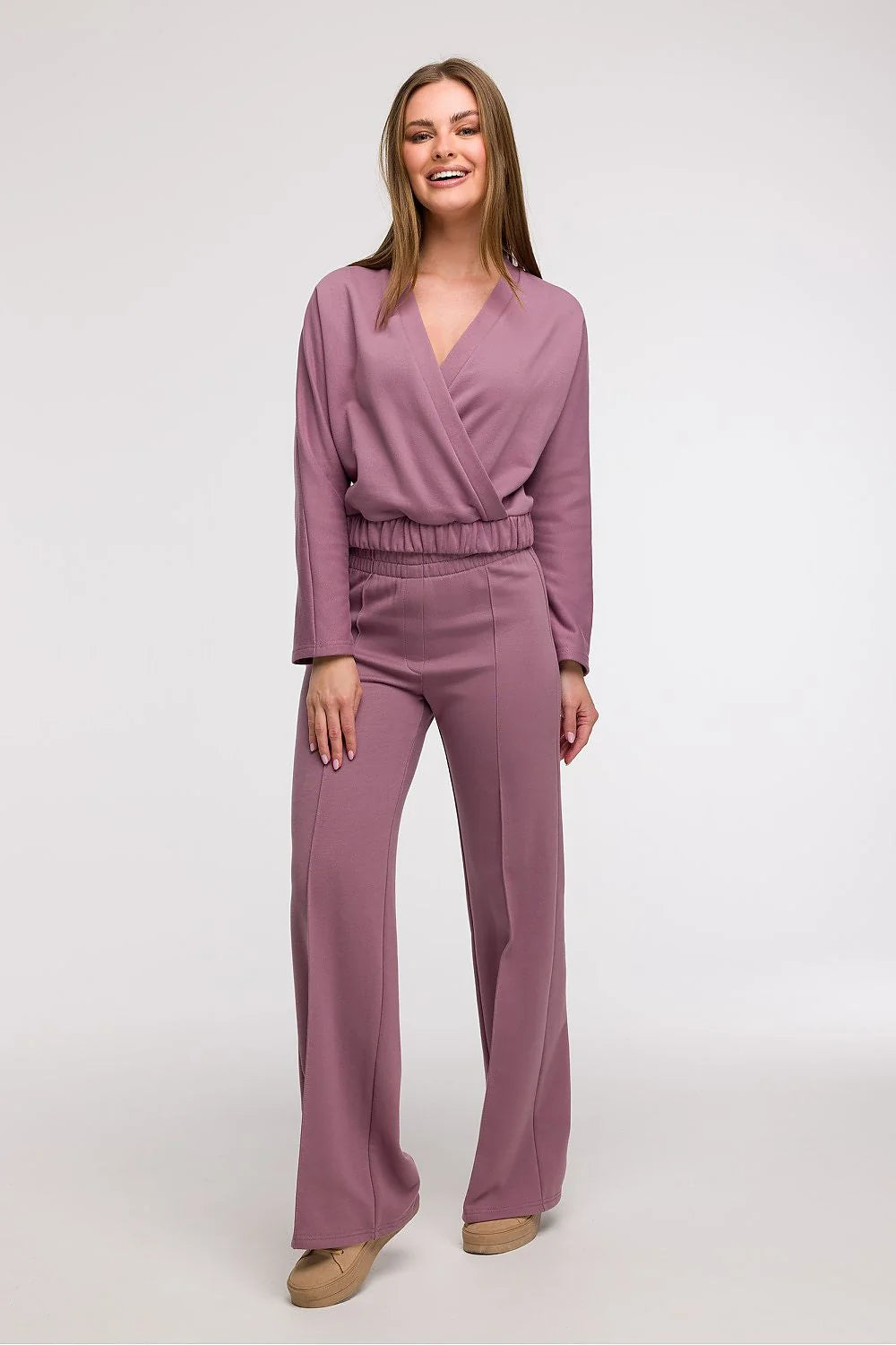ensemble femme cache coeur profond V pantalon taille haute élastique lavande tricot doux extensible drapé fuselé couture centrale élégant confortable