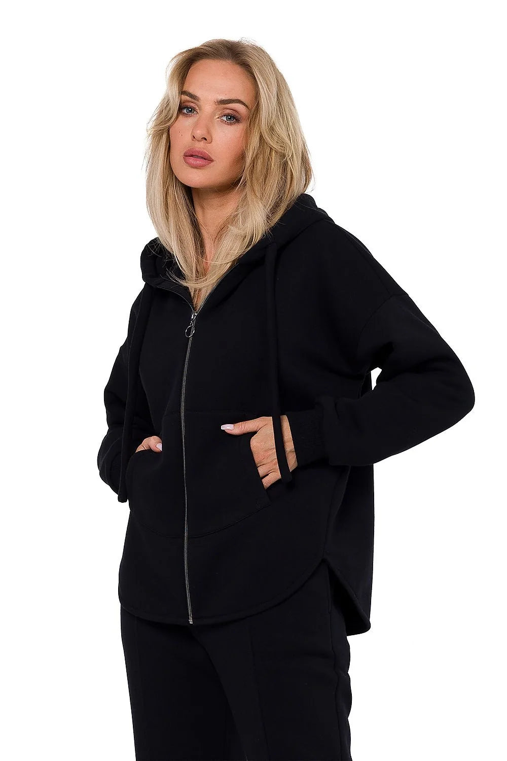 Sweatshirt Moe Femme Noir en Coton et Polyester, Style Casual, Capuche, Fermeture Éclair, Tailles S/M à 2XL/3XL