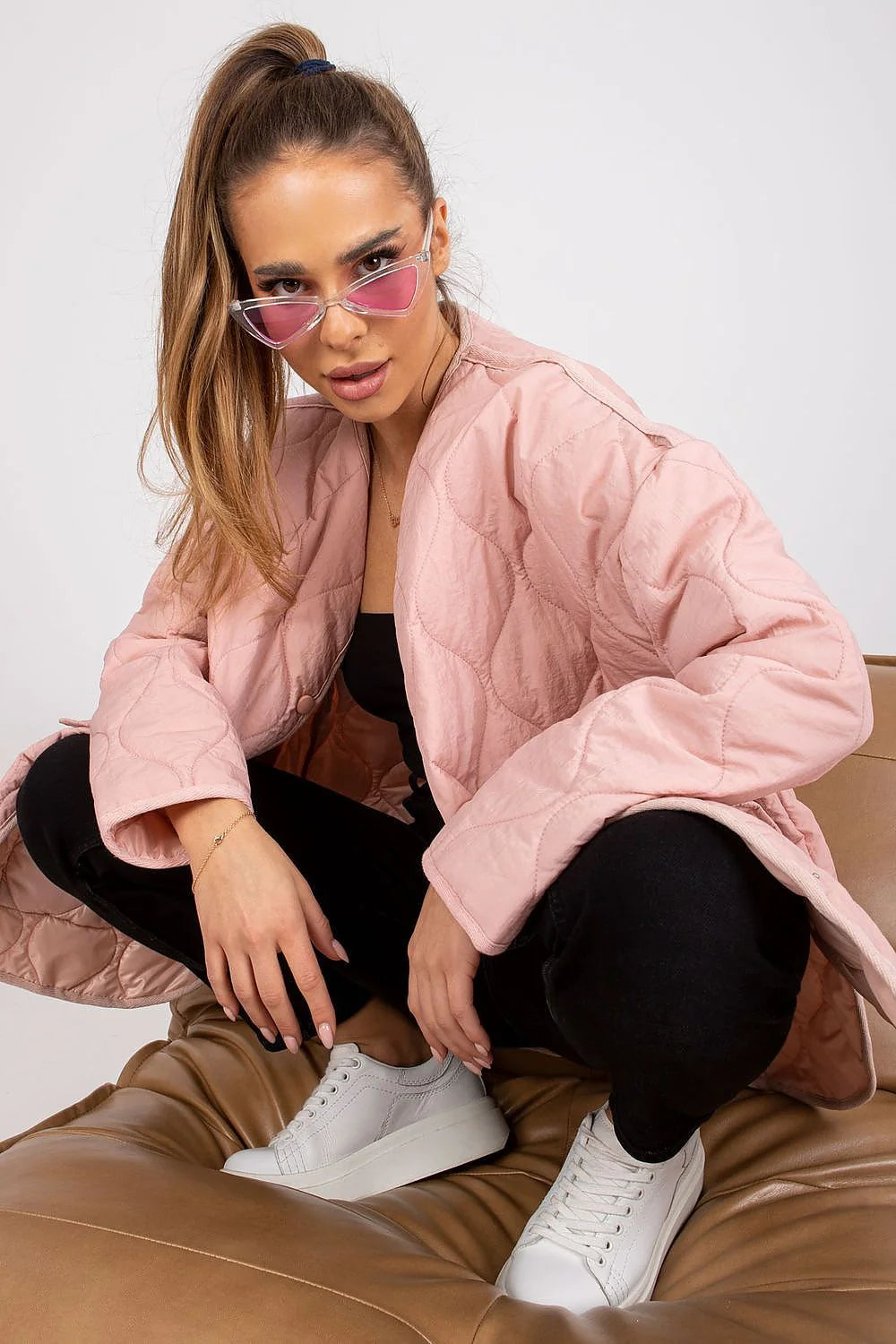 Veste matelassée pour femmes couleur rose pastel oversized manches longues fermeture à boutons-pression polyester 100 %
