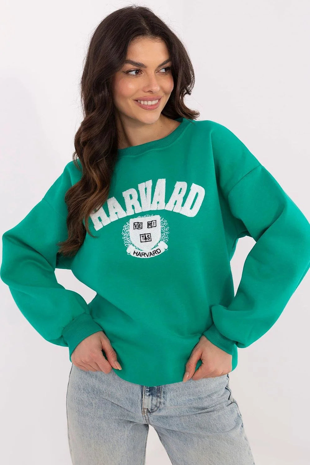 Sweatshirt femme style décontracté couleur verte émeraude logo HARVARD manches longues col rond coupe classique matériau coton polyester
