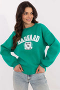 Sweatshirt femme style décontracté couleur verte émeraude logo HARVARD manches longues col rond coupe classique matériau coton polyester