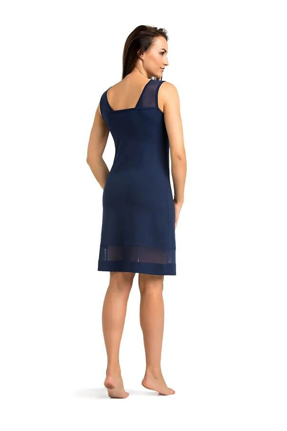 Chemise de nuit élégante pour femme en viscose bleu marine sans manches col V dos nu transparent maille A-line taille ajustable