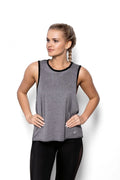 Débardeur sportif féminin élégant gris chiné noir insert transparent dos bretelles elasthanne polyester taille ajustable