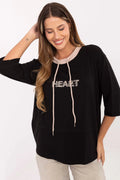 chemisier femme casual noir manches troisquarts coupe droite ourlet arrondi col rond côtelé beige cordons décoratifs coeur strass maille douce