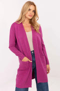 cardigan long femme ouvert maille fine fuchsia magenta coupe droite mi cuisses manches longues bords côtelés poches plaquées sans fermeture