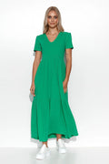 robe longue maxi verte émeraude fluide coton mélangé coupe empire encolure V manches courtes fronces taille volants poches discrètes
