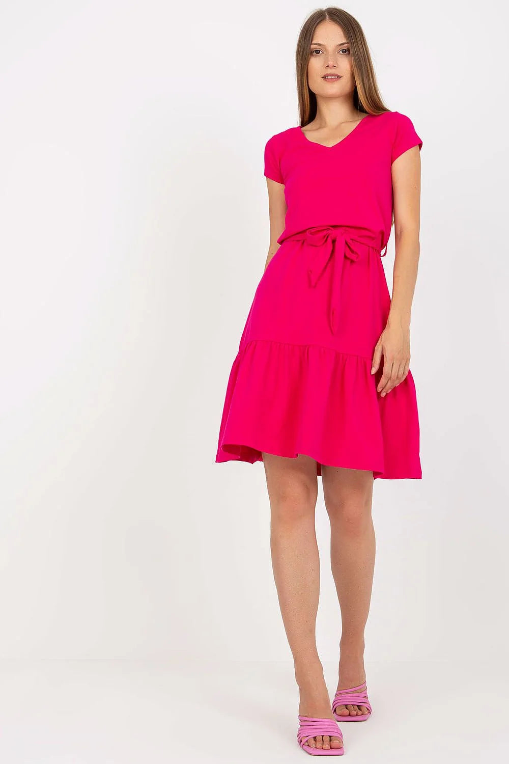 Robe de jour Rue Paris élégante vert vif col V manches courtes évasée coton élasthanne taille ajustable femme