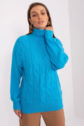 Pull à col roulé pour femme en acrylique bleu vif torsades verticales manches longues côtelé coupe décontractée