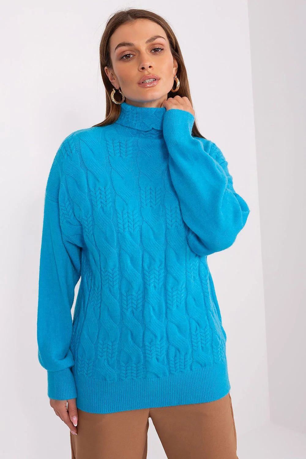 Pull à col roulé pour femme en acrylique bleu vif torsades verticales manches longues côtelé coupe décontractée