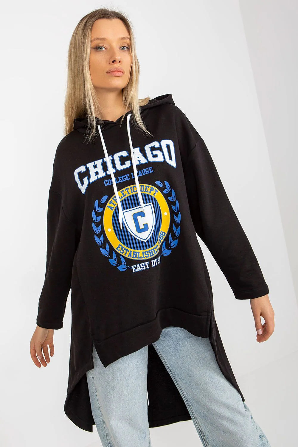 Sweatshirt femme asymétrique ample capuche manches longues coton élasthanne graphique universitaire Chicago College League