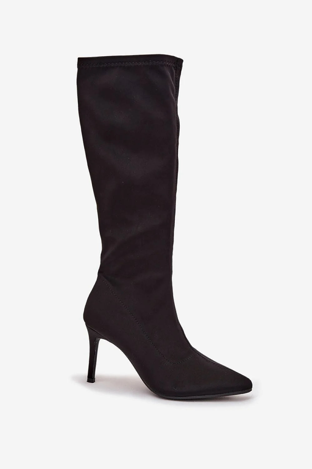 Bottes hautes femme SBarski noires talon aiguille 9cm bout pointu tissu stretch maintien ajusté silhouette élancée couture décorative glissière pratique