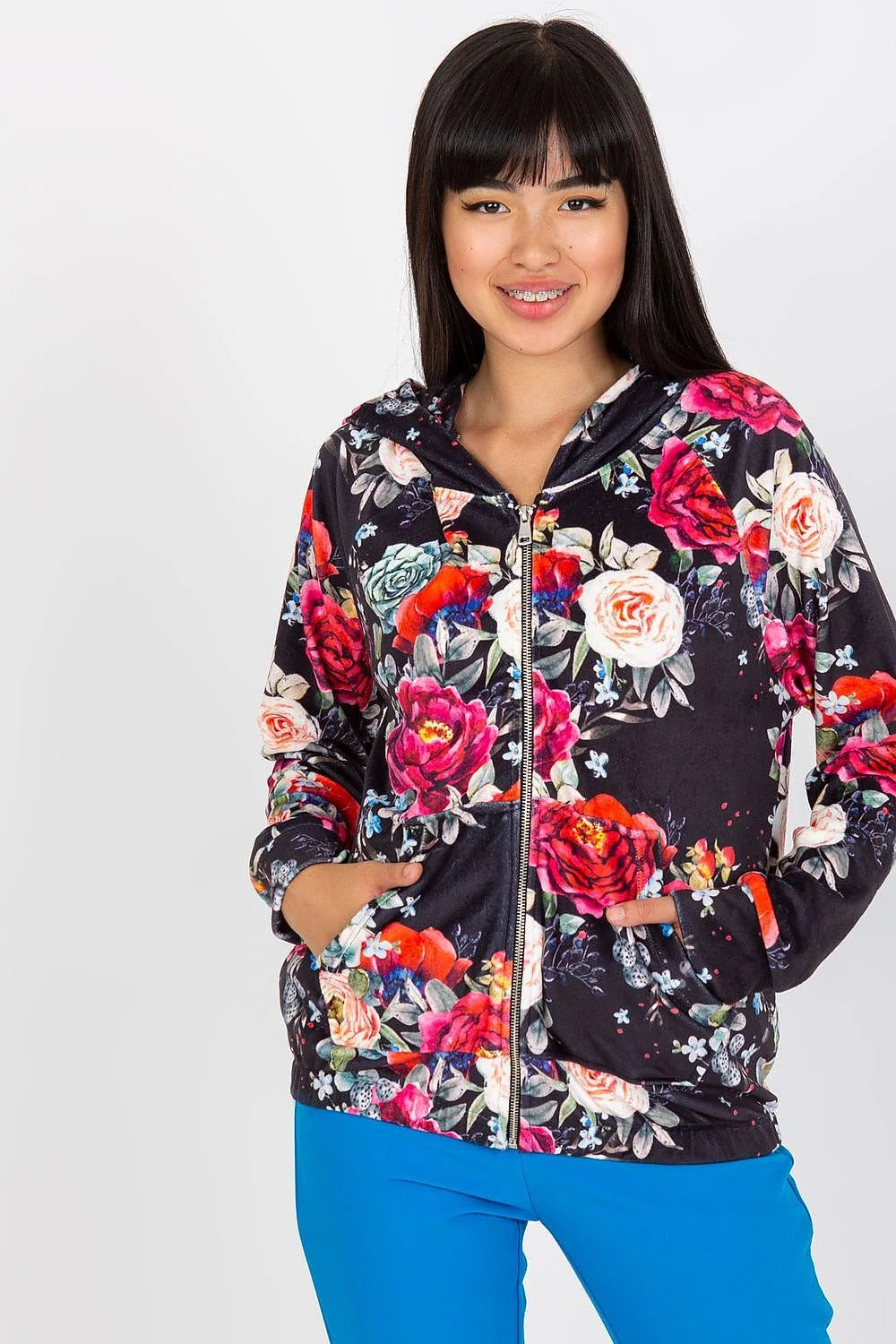 Sweatshirt à capuche floral femme, manches longues, fermeture éclair, style casual, matériau doux, taille confortable