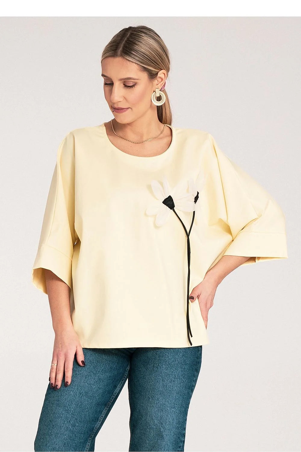 Chemisier Figl Femme Style Moderne Élégant Manches larges en revers Coton Élasthanne Polyester Floral Décontracté Occasions quotidiennes et semi-formelles
