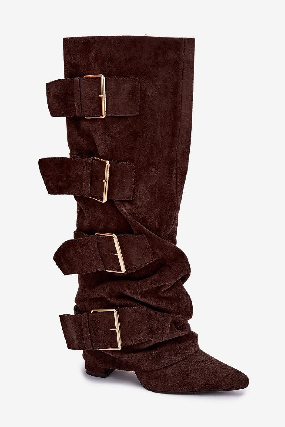 bottes femme suédine écologique marron foncé froncée bout pointu talon pilier 10cm tige retournée boucles dorées réglables fermeture éclair intérieure