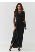 robe longue noire soirée maxi élégante féminine tulle transparent col V manches longues ajustée taille froncée drapé asymétrique fente avant