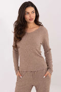 ensemble loungewear femme deux pièces top manches longues col V pantalon jogger côtelé taupe chiné doux extensible viscose