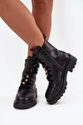 bottines femme simili cuir noir rangers semelle plateforme crantée talon 45mm doublure douce lacets velours embouts dorés fermeture éclair latérale