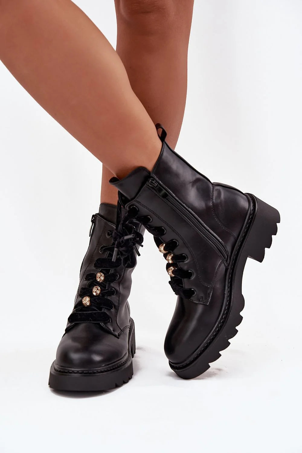 bottines femme simili cuir noir rangers semelle plateforme crantée talon 45mm doublure douce lacets velours embouts dorés fermeture éclair latérale