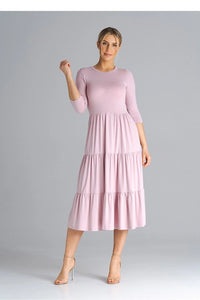Robe polyester rose pâle manches 3/4 col rond taille haute jupe fronces forme évanescente midi confortable occasion