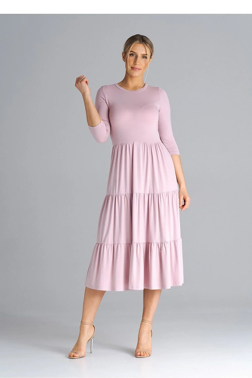 Robe de jour élégante en tissu léger manches 3/4 taille haute fronces à la jupe couleur rose pâle pour femme