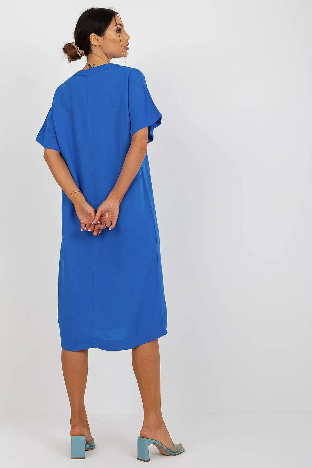Robe de jour Och Bella midi chemise manches courtes en V fente latérale coton lin viscose taille ajustable femme mode style élégant polyvalente