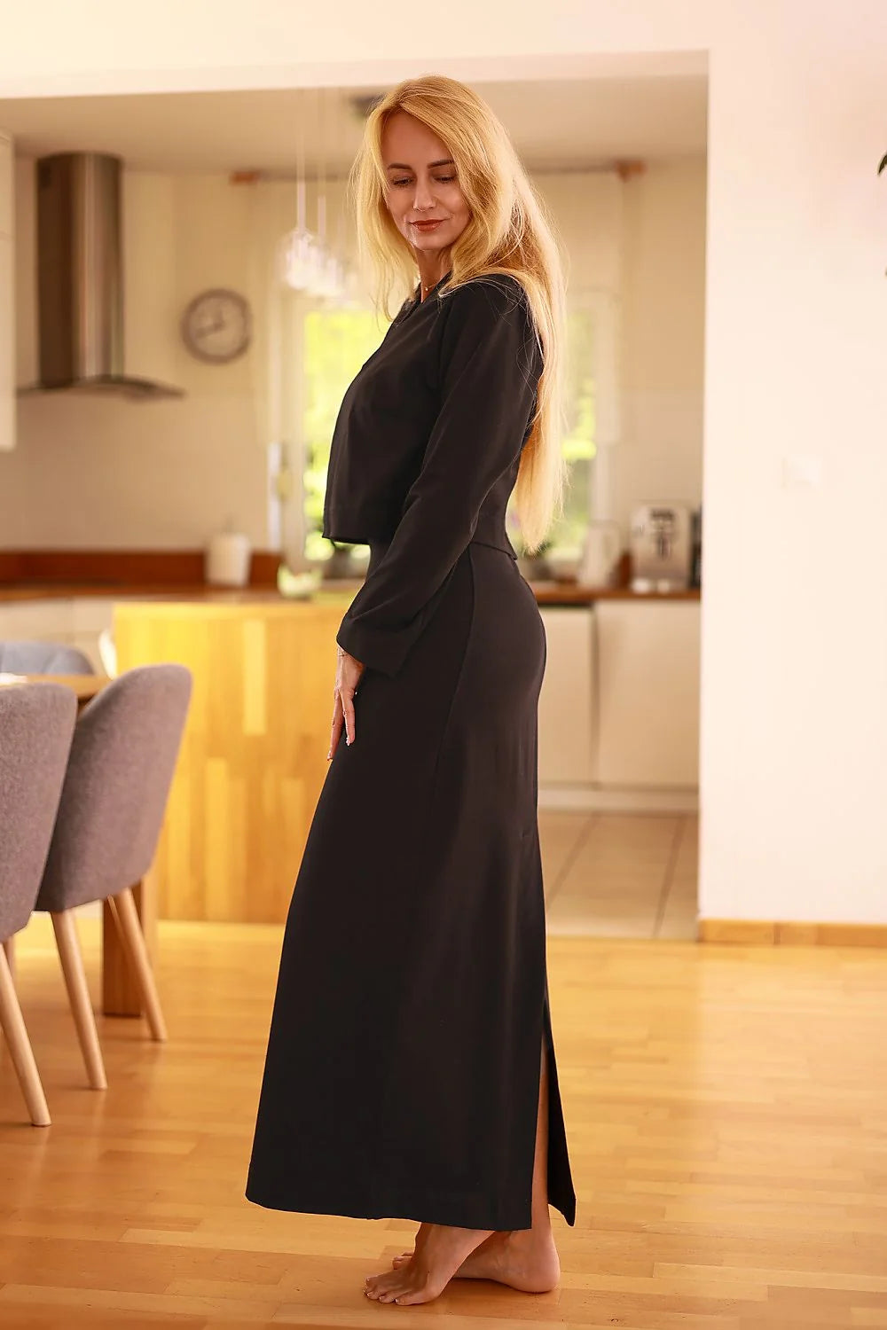 ensemble mirale robe sweatshirt noir coton élasthanne jersey stretch longue droite bretelles amovibles manches longues col V fluide fente latérale