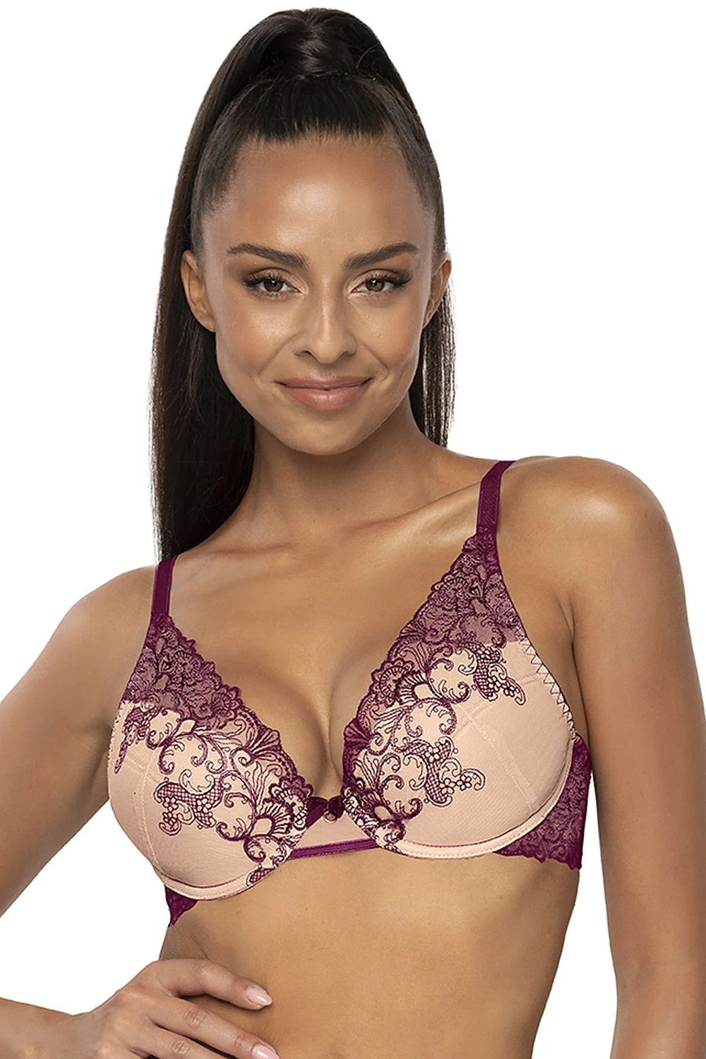 Soutien-gorge push-up maille beige dentelle bordeaux baleines bride ajustable féminin élégant