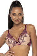 Soutien-gorge push-up maille beige dentelle bordeaux baleines bride ajustable féminin élégant