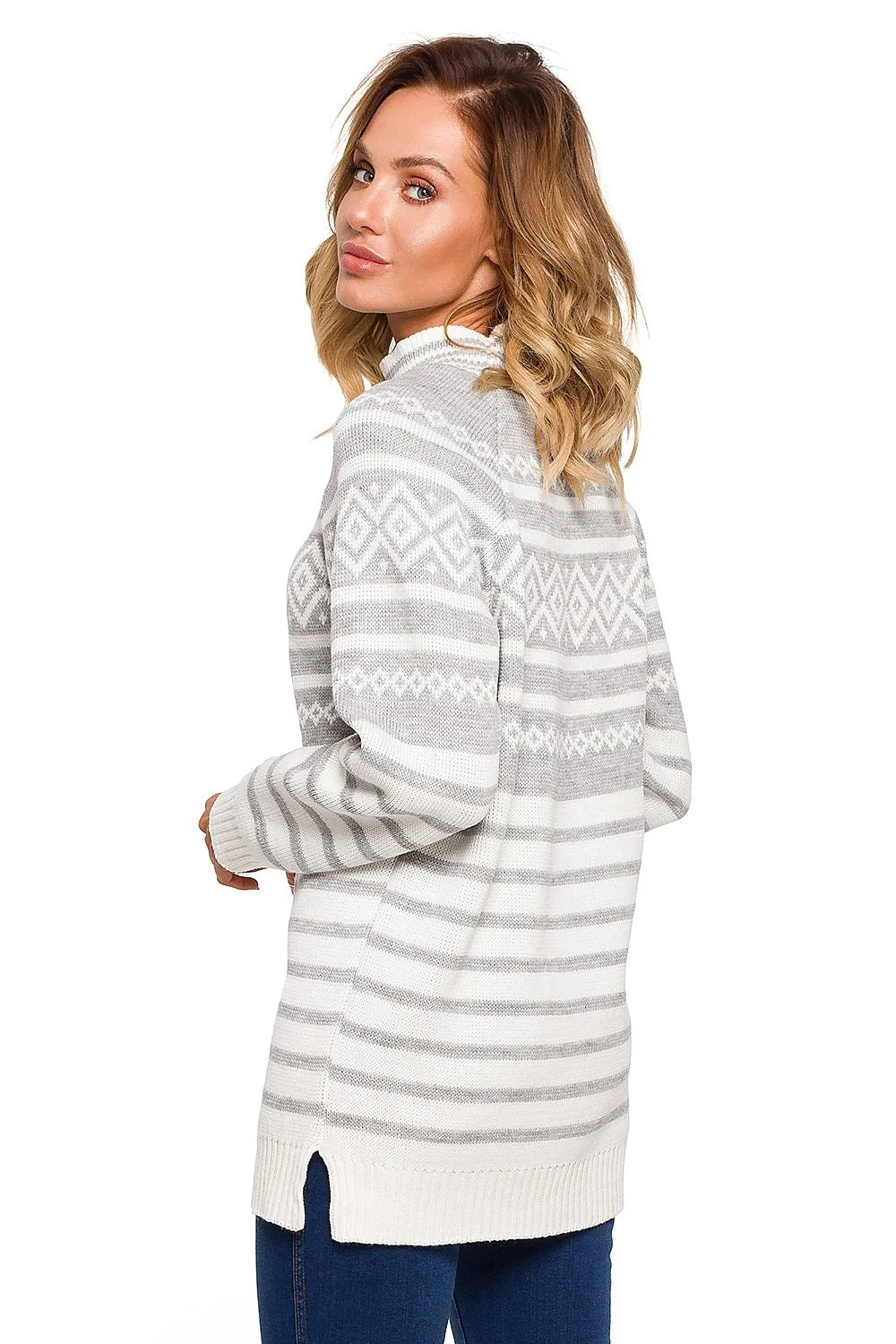 Pull en maille confortable ample motifs géométriques rose blanc col rond hiver pour femmes
