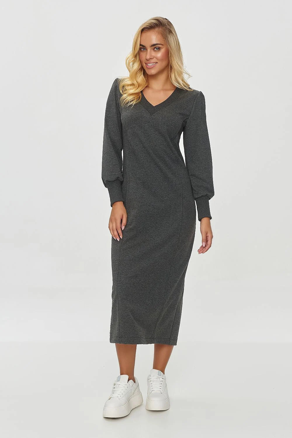 robe longue midi col V manches longues ballon poignets côtelés maille jersey extensible anthracite doux coupe droite cintrée