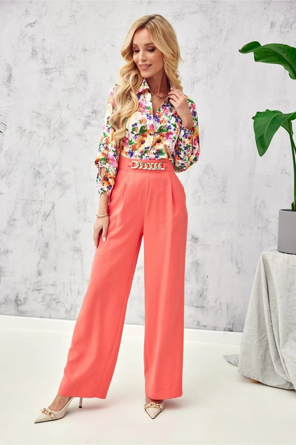 Pantalon femme Roco Fashion à jambes larges, chaînes dorées, tissu haute qualité, taille haute, ceinture intégrée, polyester-viscose, élégance et confort