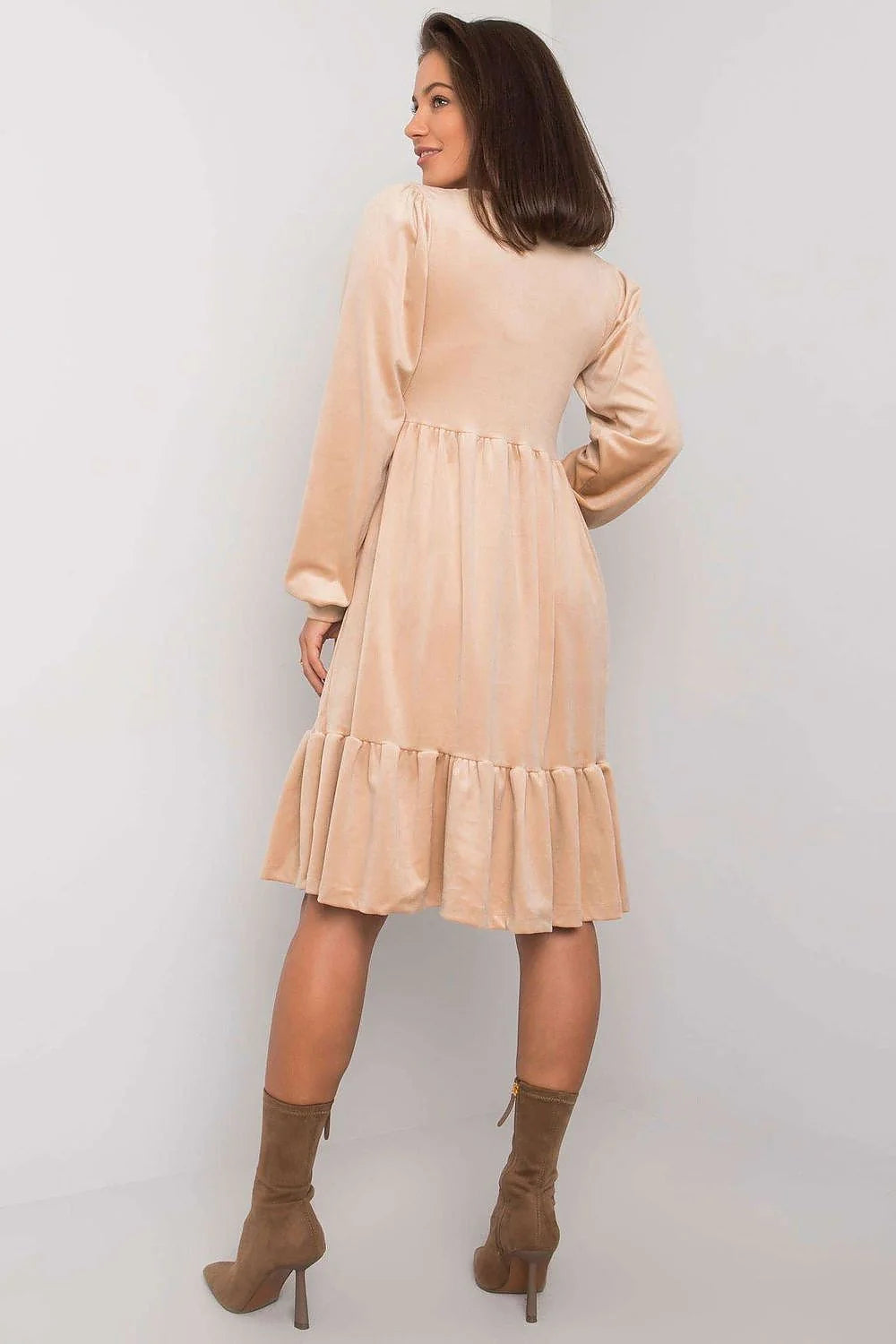 Robe en velours marron élégante manches longues encolure V empire pour femme automne casual