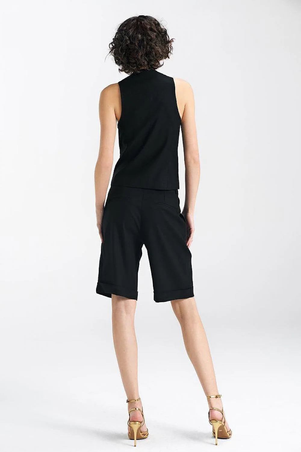 Gilet pour femme élégant sans manches en viscose, lin et coton, coupe cintrée, col V, boutons noirs, poches passepoilées